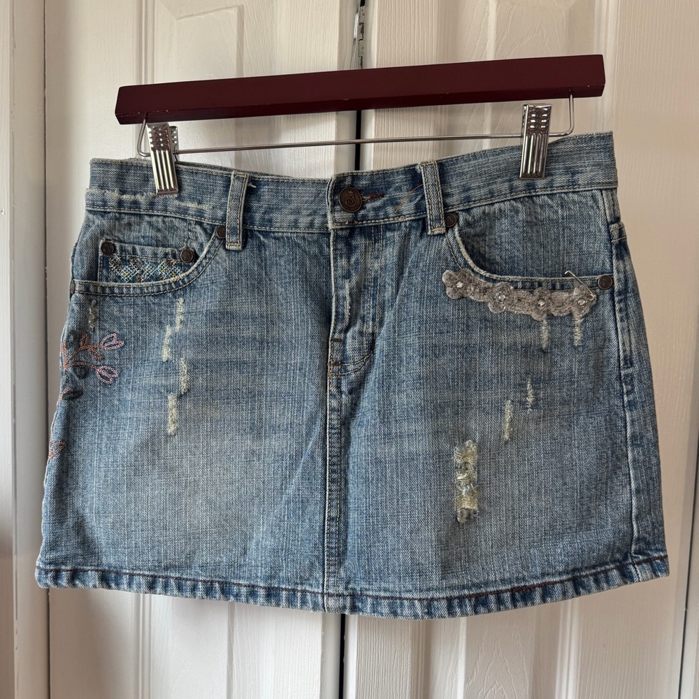 Jou Jou Light Blue Distressed Denim Mini Skirt with Embroidered Accents